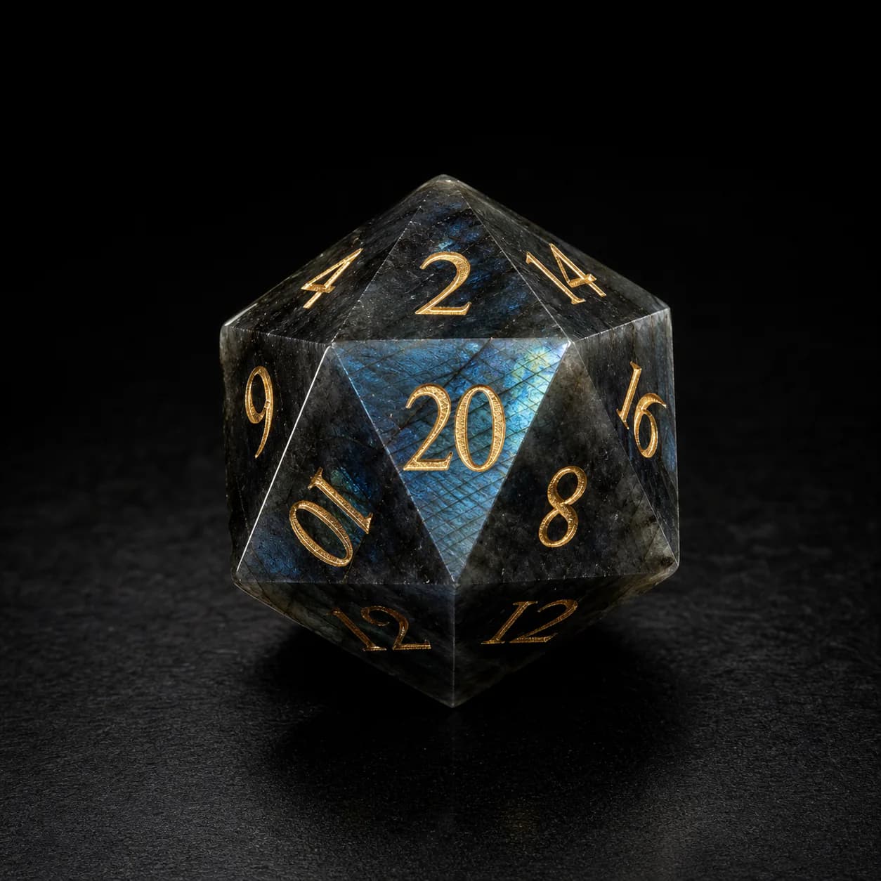 Labradorite gemstone dice showing natural color shift and pattern variation